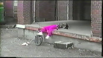Movie still from “Trash Humpers” (2009), directed by Harmony Korine – A dog laying on the ground next to a bicycle; Wide shot, High angle
