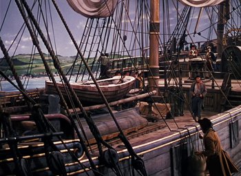Movie still from “Treasure Island” (1950), directed by Byron Haskin – Many boats on the deck of a ship; Extreme Wide shot, High angle