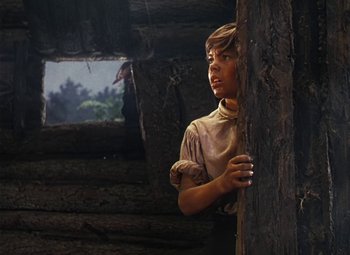 Movie still from “Treasure Island” (1950), directed by Byron Haskin – A young boy standing next to a tree in a cabin; Close Up shot, Low angle