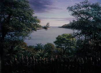 Movie still from “Treasure Island” (1950), directed by Byron Haskin – A painting of a boat on the water at dusk; Extreme Wide shot, High angle