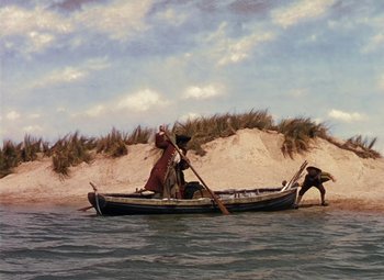 Movie still from “Treasure Island” (1950), directed by Byron Haskin – Two people in a boat on a body of water; Extreme Wide shot, High angle