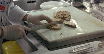 Movie still from “Trouble Every Day” (2001), directed by Claire Denis – A person slicing a piece of food on a cutting board; Extreme Close Up shot, Overhead angle