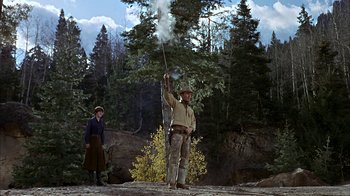 Movie still from “True Grit” (1969), directed by Henry Hathaway – A man and a woman standing in front of a forest; Wide shot, Low angle