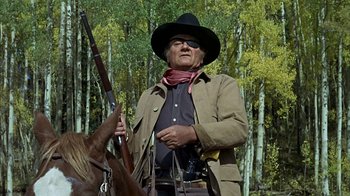 Movie still from “True Grit” (1969), directed by Henry Hathaway – A man with a gun standing next to a horse; Medium shot, Low angle