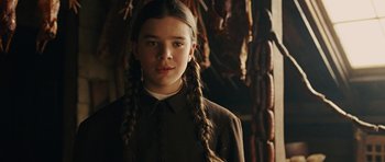 Movie still from “True Grit” (2010), directed by Ethan Coen – A young girl with two pigtails stands in front of a bunch of sausages; Close Up shot, Low angle