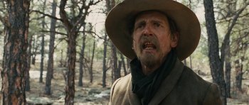 Movie still from “True Grit” (2010), directed by Ethan Coen – An old man with a beard wearing a cowboy hat; Close Up shot, Low angle