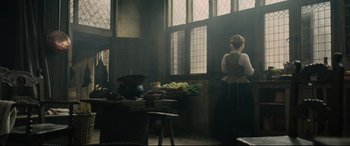 Movie still from “Tulip Fever” (2017), directed by Justin Chadwick – A woman standing in front of a table filled with vegetables; Wide shot, Over the shoulder angle