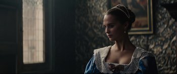 Movie still from “Tulip Fever” (2017), directed by Justin Chadwick – A woman in a blue dress is standing in a room; Close Up shot, Low angle
