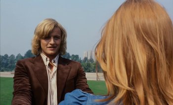 Movie still from “Turkish Delight” (1973), directed by Paul Verhoeven – A man in a brown jacket and a woman in a brown jacket; Medium shot, Over the shoulder angle