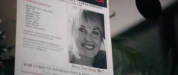 Movie still from “Two Witches” (2021), directed by Pierre Tsigaridis – The face of a woman on a missing person poster; Extreme Close Up shot, High angle