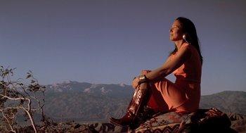 Movie still from “U Turn” (1997), directed by Oliver Stone – A woman sitting on the ground with a mountain in the background; Wide shot, Low angle