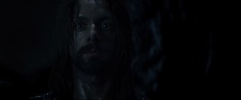 Movie still from “Underworld: Rise of the Lycans” (2009), directed by Patrick Tatopoulos – A person with long hair; Close Up shot, Over the shoulder angle