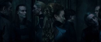 Movie still from “Underworld: Rise of the Lycans” (2009), directed by Patrick Tatopoulos – A person with long hair; Close Up shot, Over the shoulder angle