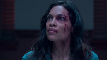 Movie still from “Unforgettable” (2017), directed by Denise Di Novi – A woman with a scar on her face and head; Close Up shot, High angle