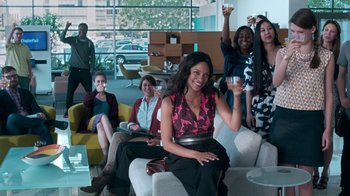 Movie still from “Unforgettable” (2017), directed by Denise Di Novi – A group of people sitting in a living room; Wide shot, High angle