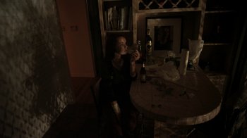Movie still from “V/H/S/2” (2013), directed by Timo Tjahjanto – A woman sitting at a table with a bottle of wine in front of her; Medium shot, High angle
