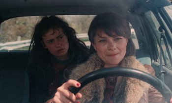 Movie still from “Vagabond” (1985), directed by Agnès Varda – A woman driving a car with a young man in the back; Close Up shot, High angle