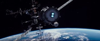 Movie still from “Valerian and the City of a Thousand Planets” (2017), directed by Luc Besson – An image of a space station in the middle of the earth; Extreme Wide shot, Overhead angle