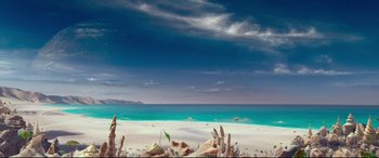 Movie still from “Valerian and the City of a Thousand Planets” (2017), directed by Luc Besson – A view of the ocean from the beach; Extreme Wide shot, High angle