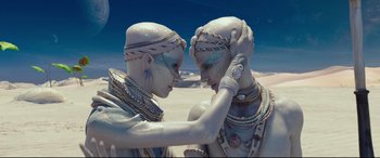 Movie still from “Valerian and the City of a Thousand Planets” (2017), directed by Luc Besson – A couple of people that are looking at each other; Close Up shot, Low angle