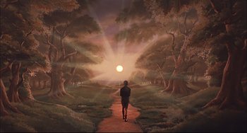 Movie still from “Velvet Goldmine” (1998), directed by Todd Haynes – A painting of a person walking down a path towards the sun; Extreme Wide shot, Low angle
