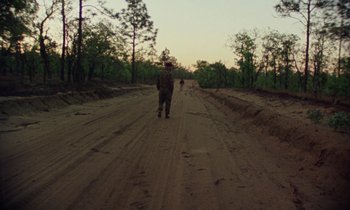 Movie still from “Vernon, Florida” (1981), directed by Errol Morris – A man walking down a dirt road with trees in the background; Extreme Wide shot, High angle