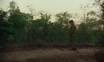 Movie still from “Vernon, Florida” (1981), directed by Errol Morris – A man standing in the middle of a forest; Wide shot, Low angle