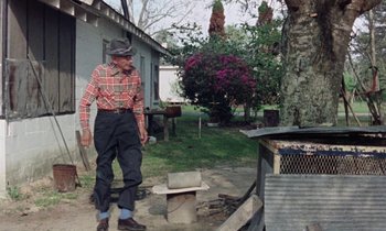 Movie still from “Vernon, Florida” (1981), directed by Errol Morris – An old man standing in front of a tree; Wide shot, Low angle
