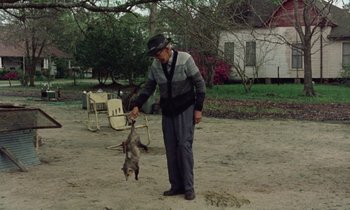 Movie still from “Vernon, Florida” (1981), directed by Errol Morris – An old man holding a dead animal in his hands; Wide shot, Low angle