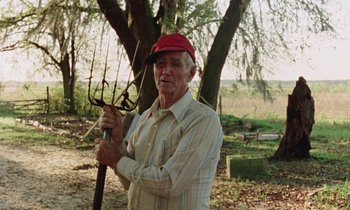 Movie still from “Vernon, Florida” (1981), directed by Errol Morris – An older man holding a pole in the woods; Medium shot, Low angle