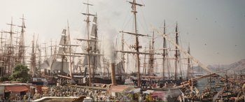 Movie still from “Victoria & Abdul” (2017), directed by Stephen Frears – A large group of boats in a harbor; Extreme Wide shot, High angle
