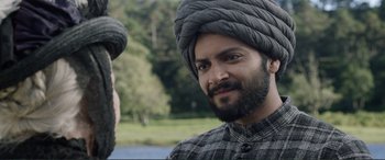 Movie still from “Victoria & Abdul” (2017), directed by Stephen Frears – A man with a beard wearing a turban; Close Up shot, Over the shoulder angle