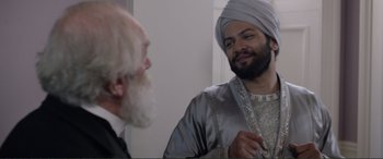 Movie still from “Victoria & Abdul” (2017), directed by Stephen Frears – A man in a turban talking to another man; Close Up shot, Over the shoulder angle