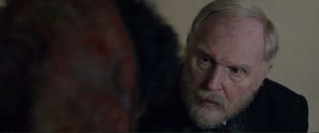 Movie still from “Victoria & Abdul” (2017), directed by Stephen Frears – An older man with a beard and mustache; Close Up shot, Over the shoulder angle