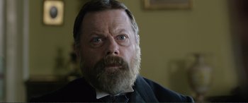 Movie still from “Victoria & Abdul” (2017), directed by Stephen Frears – An old man with a beard and a mustache; Close Up shot, Over the shoulder angle