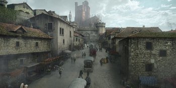 Movie still from “House of the Dragon” (2022), created by George R.R. Martin – Extreme Wide shot, High angle