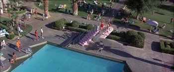 Movie still from “Viva Las Vegas” (1964), directed by George Sidney – A group of people standing around a swimming pool; Extreme Wide shot, Overhead angle