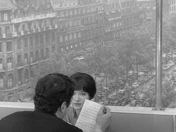 Movie still from “My Life to Live” (1962), directed by Jean-Luc Godard – A man and a woman are looking at a piece of paper; Medium shot, Over the shoulder angle