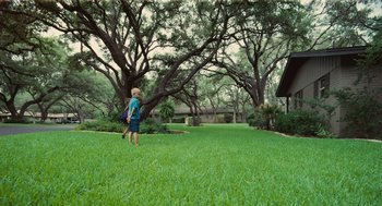 Movie still from “Voyage of Time” (2016), directed by Terrence Malick – A young boy standing in the grass near a large tree; Extreme Wide shot, High angle