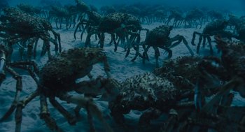 Movie still from “Voyage of Time” (2016), directed by Terrence Malick – A group of sea spiders in the water; Extreme Wide shot, High angle