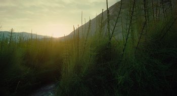 Movie still from “Voyage of Time” (2016), directed by Terrence Malick – The sun is setting over a mountain with grass growing; Extreme Wide shot, Low angle