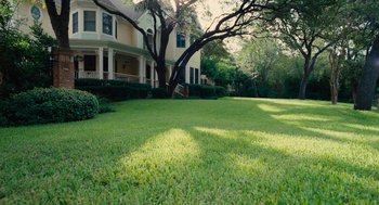 Movie still from “Voyage of Time” (2016), directed by Terrence Malick – A large lawn in front of a large house; Extreme Wide shot, High angle