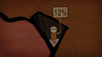Movie still from “Waiting for Superman” (2010), directed by Davis Guggenheim – A cartoon of a man holding a sign that says " 1 2 % "; Wide shot, Overhead angle