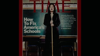 Movie still from “Waiting for Superman” (2010), directed by Davis Guggenheim – A woman holding a pool stick in front of a chalkboard; Medium shot, Overhead angle