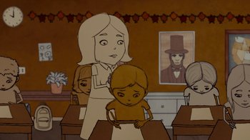 Movie still from “Waiting for Superman” (2010), directed by Davis Guggenheim – An animated picture of a woman and a boy; Medium shot, Over the shoulder angle