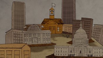 Movie still from “Waiting for Superman” (2010), directed by Davis Guggenheim – A drawing of a city with buildings and a clock tower; Extreme Wide shot, Overhead angle