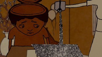 Movie still from “Waiting for Superman” (2010), directed by Davis Guggenheim – An illustration of a boy and a fountain of letters; Close Up shot, Overhead angle