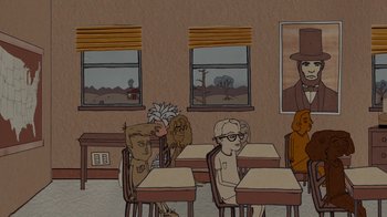 Movie still from “Waiting for Superman” (2010), directed by Davis Guggenheim – A group of people sitting at a table in a room; Wide shot, High angle