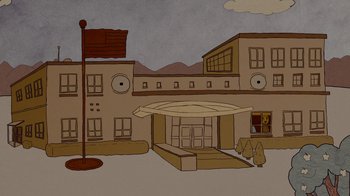 Movie still from “Waiting for Superman” (2010), directed by Davis Guggenheim – An illustration of a building with a flag on top of it; Extreme Wide shot, Low angle