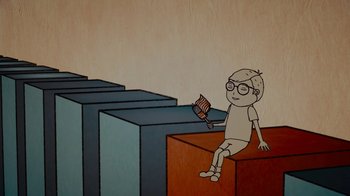 Movie still from “Waiting for Superman” (2010), directed by Davis Guggenheim – A cartoon of a boy sitting on top of a wall; Wide shot, Overhead angle